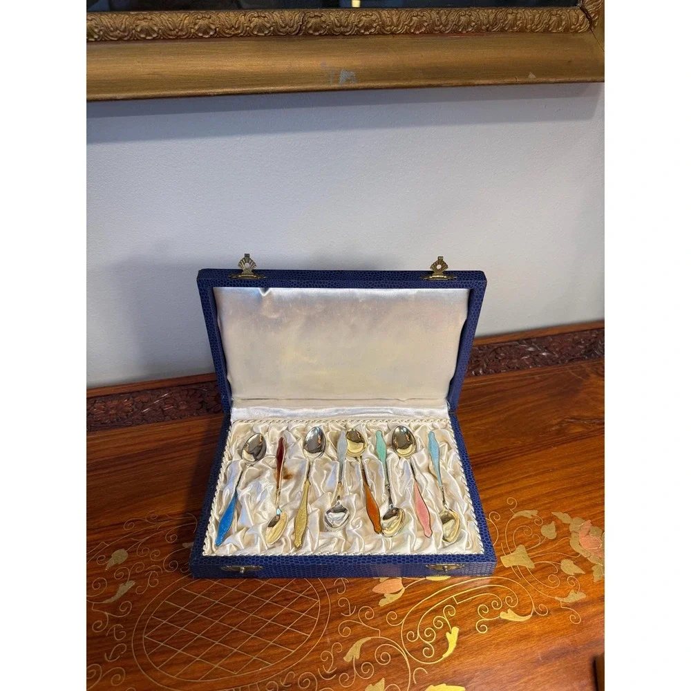 Vintage‎ Norwegian Sterling Silver Enamel Demitasse Spoon Set with Box